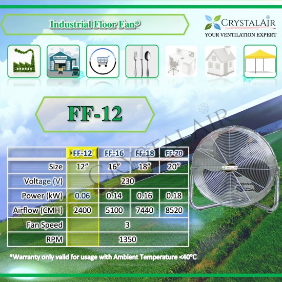 CrystalAir Heavy Duty Industrial Floor Fan FF-12 12 inch 12" Factory Warehouse Shoplot Restaurant Kitchen Fan