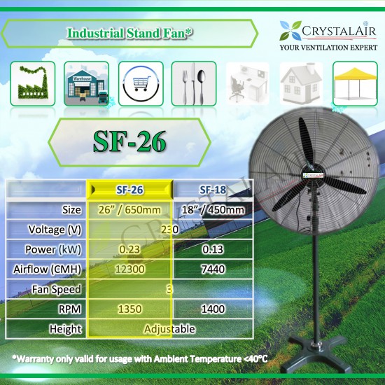 CrystalAir Heavy Duty Industrial Stand Fan SF-26 26 inch 26" Factory Warehouse Shoplot Restaurant Kitchen Fan