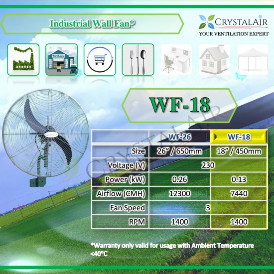 CrystalAir Heavy Duty Industrial Wall Fan WF-18 18 inch 18" Factory Warehouse Shoplot Restaurant Kitchen Fan